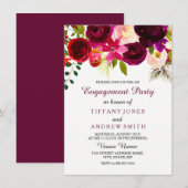 Burgundy Red Floral Boho Engagement Party nodigt u Kaart (Voorkant / Achterkant)