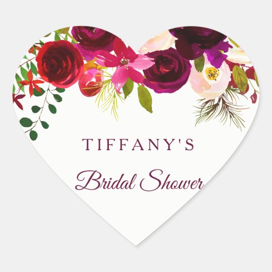 Burgundy Red Floral Boho Favor Seal Vrijgezellenfe Hart Sticker (Voorkant)