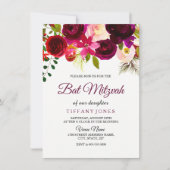 Burgundy Red Floral Boho Girl Bat Mitzvah Invite Kaart (Voorkant)