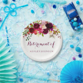 Burgundy Red Floral Boho Pensioen Papieren Bordje (Feest)