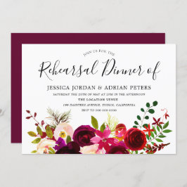 Burgundy Red Floral Boho Rehearsal Dinner Invite Kaart