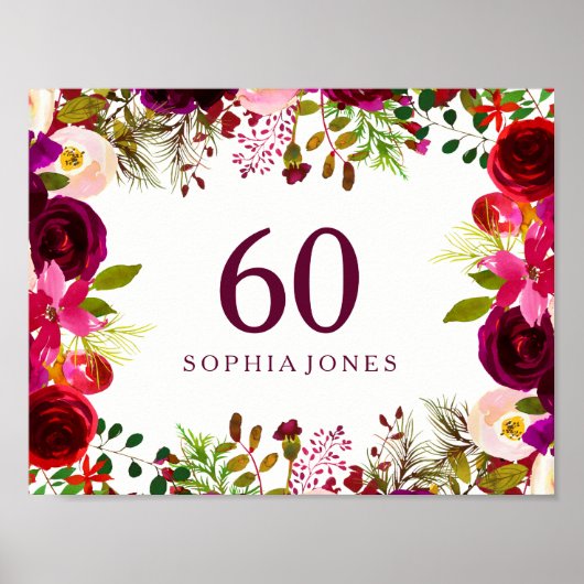 Burgundy Red Floral Boho Sign 60e verjaardag Poster (Voorkant)