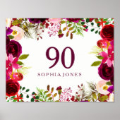Burgundy Red Floral Boho Sign 90e verjaardag Poster (Voorkant)