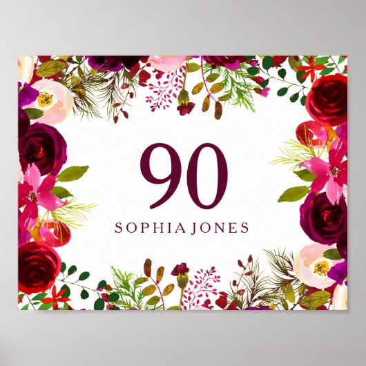 Burgundy Red Floral Boho Sign 90e verjaardag Poster (Voorkant)