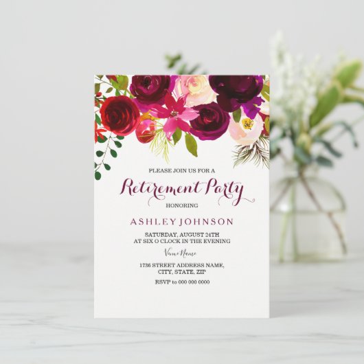 Burgundy Red Floral Boho — Uitnodiging (Staand voorkant)