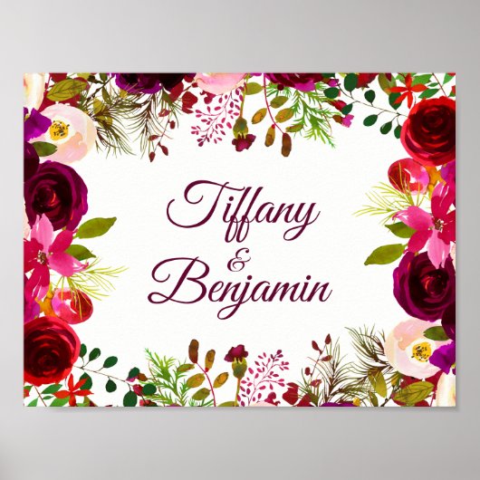 Burgundy Red Floral Boho Wedding Engagement Party Poster (Voorkant)
