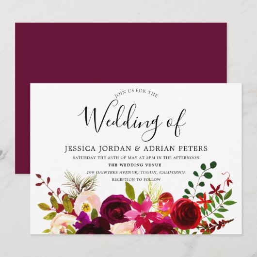 Burgundy Red Floral Boho Wedding Invitation Kaart (Voorkant / Achterkant)