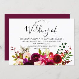 Burgundy Red Floral Boho Wedding Invitation Kaart