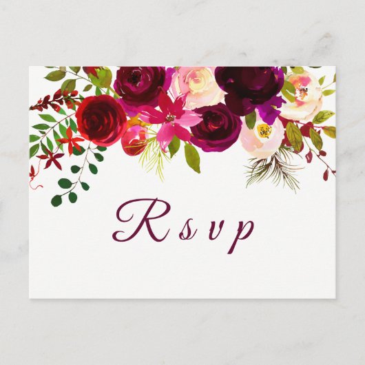 Burgundy Red Floral Boho Wedding RSVP briefkaart (Voorkant)