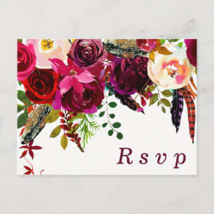 Burgundy Red Floral Boho Wedding RSVP briefkaart