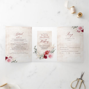 Burgundy Red Floral Botanical Boho Wedding Drieluik Uitnodiging