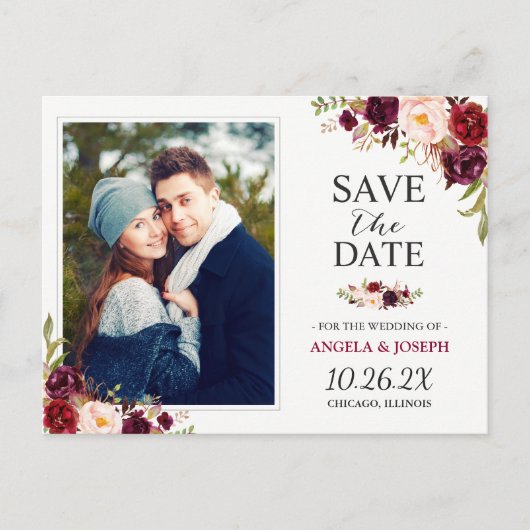 Burgundy Red Floral Chic Save the Date Photo Aankondigingskaart (Voorkant)