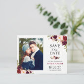 Burgundy Red Floral Chic Save the Date Photo Aankondigingskaart (Staand voorkant)