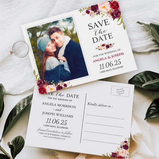 Burgundy Red Floral Chic Save the Date Photo Briefkaart