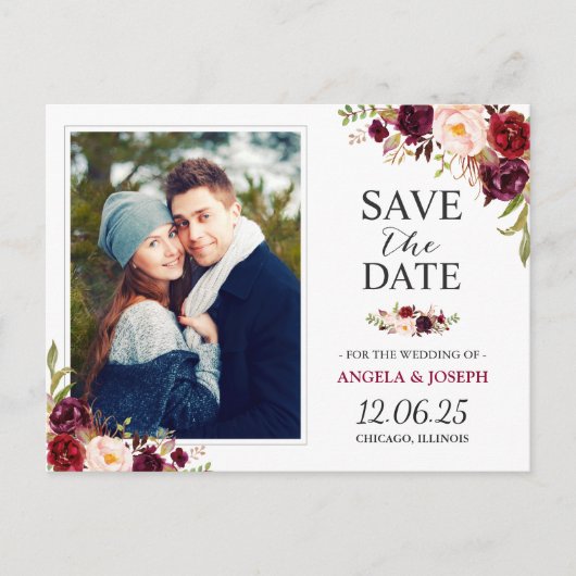 Burgundy Red Floral Chic Save the Date Photo Briefkaart (Voorkant)