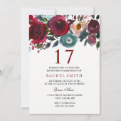 Burgundy Red Floral Elegant 17th Birthday Invite Kaart (Voorkant)