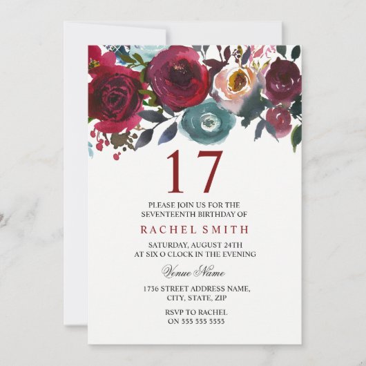 Burgundy Red Floral Elegant 17th Birthday Invite Kaart (Voorkant)