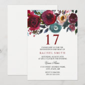 Burgundy Red Floral Elegant 17th Birthday Invite Kaart (Voorkant / Achterkant)