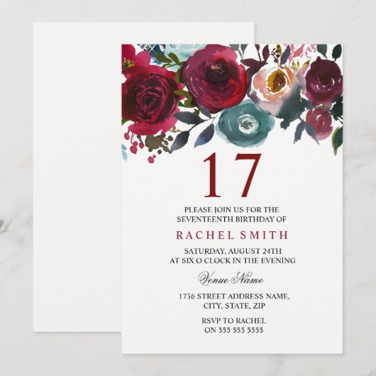 Burgundy Red Floral Elegant 17th Birthday Invite Kaart (Voorkant / Achterkant)