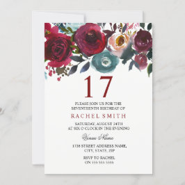 Burgundy Red Floral Elegant 17th Birthday Invite Kaart
