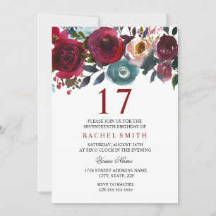 Burgundy Red Floral Elegant 17th Birthday Invite Kaart