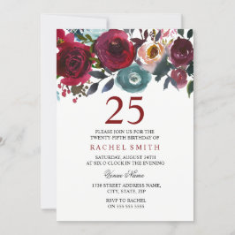 Burgundy Red Floral Elegant 25th Birthday Invite Kaart