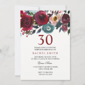 Burgundy Red Floral Elegant 30th Birthday Invite Kaart (Voorkant)