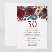 Burgundy Red Floral Elegant 30th Birthday Invite Kaart (Voorkant / Achterkant)
