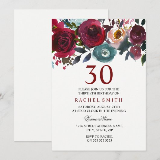 Burgundy Red Floral Elegant 30th Birthday Invite Kaart (Voorkant / Achterkant)