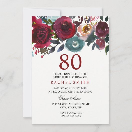 Burgundy Red Floral Elegant 80th Birthday Invite Kaart (Voorkant)