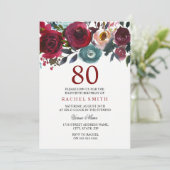 Burgundy Red Floral Elegant 80th Birthday Invite Kaart (Staand voorkant)