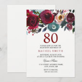 Burgundy Red Floral Elegant 80th Birthday Invite Kaart (Voorkant / Achterkant)