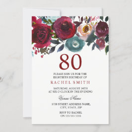 Burgundy Red Floral Elegant 80th Birthday Invite Kaart