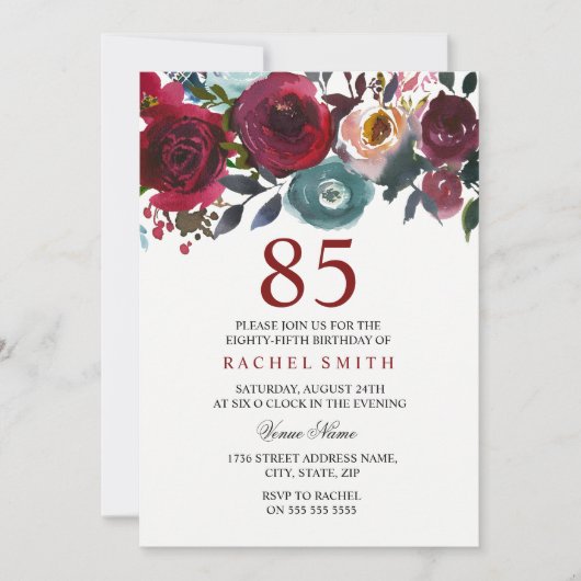 Burgundy Red Floral Elegant 85th Birthday Invite Kaart (Voorkant)