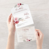 Burgundy Red Floral Elegant Boho Wedding All In One Uitnodiging (Afscheurbaar)