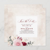 Burgundy Red Floral Elegant redt de datum Aankondiging (Voorkant / Achterkant)