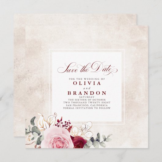 Burgundy Red Floral Elegant redt de datum Aankondiging (Voorkant / Achterkant)