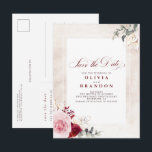 Burgundy Red Floral Elegant redt de datum Aankondigingskaart<br><div class="desc">Boomrode botanische waterverf bloemen redden de datum briefkaart</div>