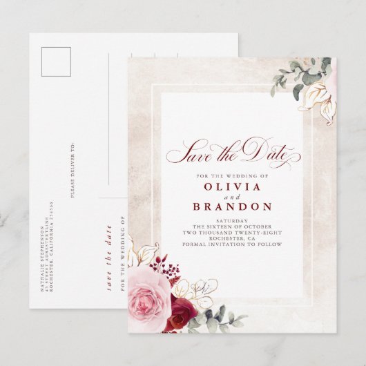 Burgundy Red Floral Elegant redt de datum Aankondigingskaart (Voorkant / Achterkant)