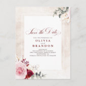 Burgundy Red Floral Elegant redt de datum Aankondigingskaart (Voorkant)