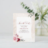 Burgundy Red Floral Elegant redt de datum Aankondigingskaart (Staand voorkant)