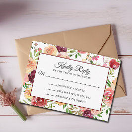 Burgundy Red Floral Elegant Wedding RSVP-kaart