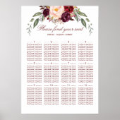 Burgundy Red Floral Elegant Wedding Seding Chart Poster (Voorkant)