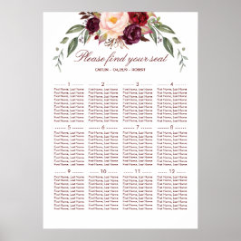 Burgundy Red Floral Elegant Wedding Seding Chart Poster