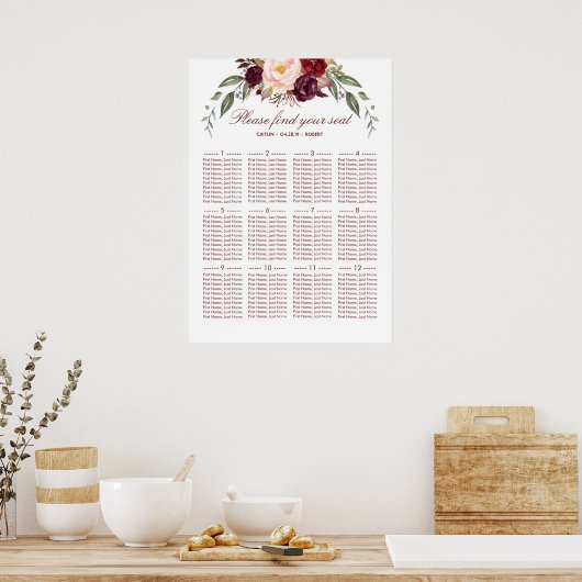 Burgundy Red Floral Elegant Wedding Seding Chart Poster (Keuken)