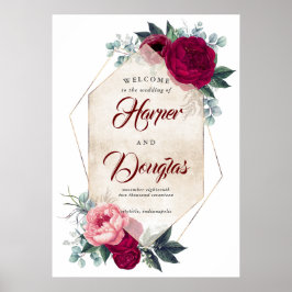 Burgundy Red Floral Fall Weddenschap Welkomstteken Poster