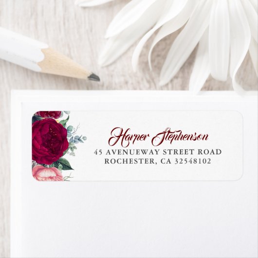 Burgundy Red Floral Fall Wedding Etiket (Insitu)