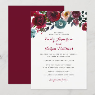 Burgundy Red Floral Fall Wedding Invitation Kaart