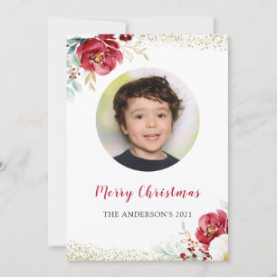 Burgundy Red Floral Family Afbeelding kerst Kaart
