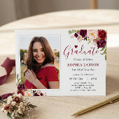 Burgundy Red Floral Foto Afstuderen Celebration Kaart